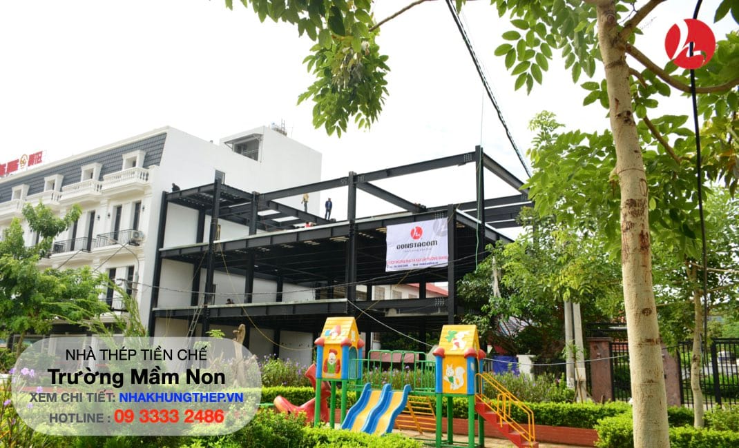thi công phần khung kết cấu thép trường mầm non Trí Đức - 01