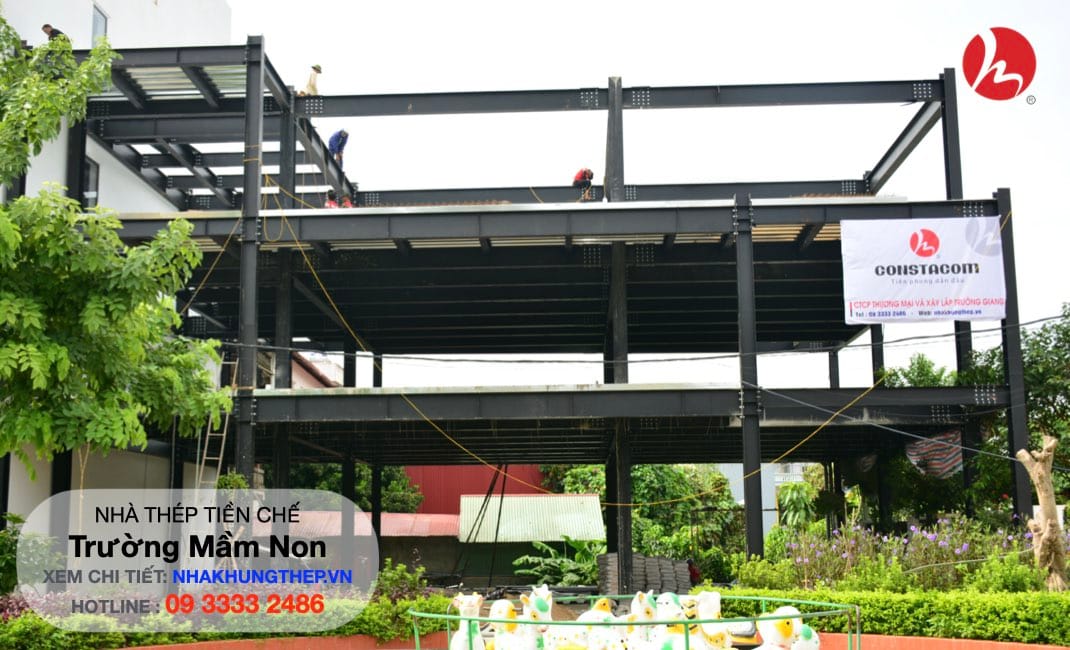 hi công phần khung kết cấu thép trường mầm non Trí Đức